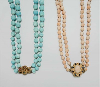 Lot 2234 - Double Strand Coral Bead Necklace and Simulated Turquoise Bead Necklace