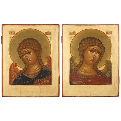 Lot 157 - Pair of Russian Polychrome Decorated Icons...