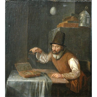 Lot 16 - Circle of Egbert van Heemskerk A Man Weighing...