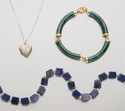 Lot 2673 - Malachite Bracelet, Blue Hardstone Bead Necklace and Sterling Silver Locket