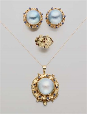 Lot 2457 - Pair of Gold, Dyed Gray Mabe Pearl and Sapphire Earrings and Pendant and Gold and Ruby Ring