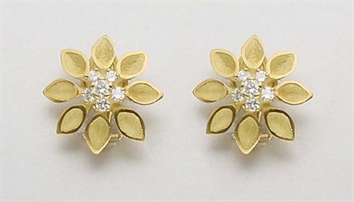 Lot 2453 - Pair of Gold and Diamond Flower Earrings