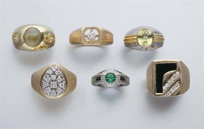 Lot 2442 - Six Gentleman's Gold, Diamond and Gem-Set Rings
