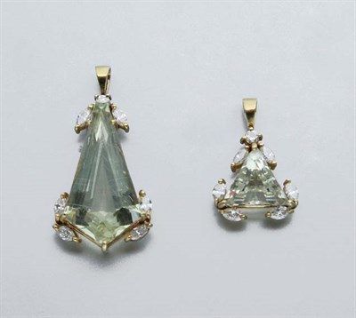 Lot 2246 - Two Green Beryl and Diamond Pendants