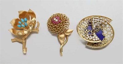 Lot 2412 - Three Gold and Gem-Set Brooches