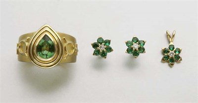 Lot 2247 - Pair of Green Garnet and Diamond Earrings and Pendant and Gold and Tourmaline Ring
