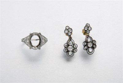 Lot 2287 - Platinum and Diamond Ring Mounting and Pair of Diamond Pendant-Earrings