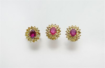 Lot 2446 - Pair of Synthetic Ruby and Treated Yellow Diamond Earrings and Ring