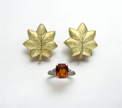 Lot 2285 - Pair of Gold Leaf Earrings and Citrine and Diamond Ring