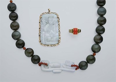 Lot 2445 - Green Bead, Carved Jade and Coral Bead Necklace, Carved Jade Pendant and Coral Ring