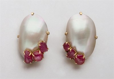 Lot 2526 - Pair of Shell and Carved Ruby Earclips