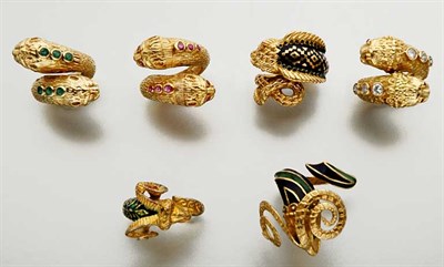 Lot 2626 - Six Gold, Diamond, Gem-Set and Enamel Animal Head Crossover Rings
