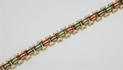 Lot 2567 - Gold, Diamond, Ruby, Sapphire and Emerald Bracelet