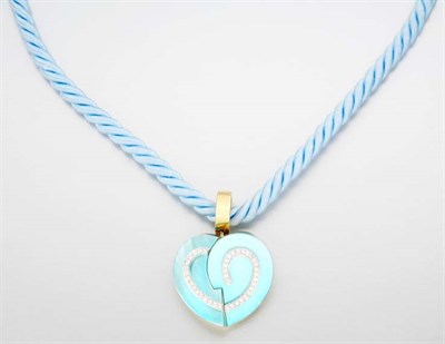 Lot 2235 - Dyed Blue Mother-of-Pearl and Diamond Heart Pendant Clip-Brooch on Twisted Silk Rope
