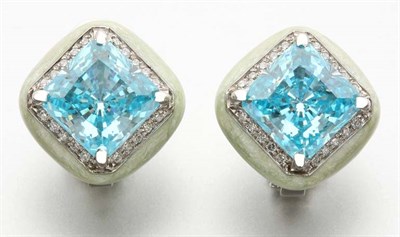 Lot 2699 - Pair of Hydrothermal Blue Quartz, Diamond and Enamel Earrings