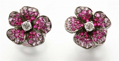 Lot 2708 - Pair of Pink Sapphire and Diamond Flower Earrings