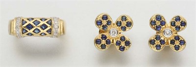 Lot 2474 - Pair of Gold, Sapphire and Diamond Earrings and Ring