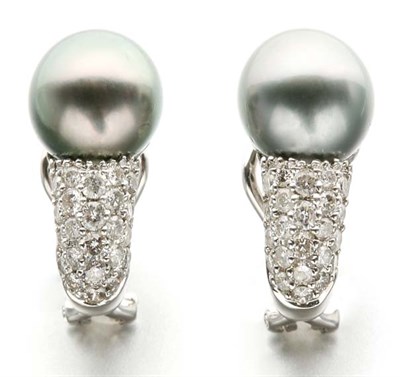 Lot 2713 - Pair of Gray Cultured Pearl and Diamond Earrings