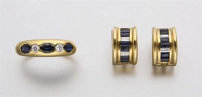 Lot 2437 - Pair of Gold, Sapphire and Diamond Hoop Earrings and Gypsy Ring