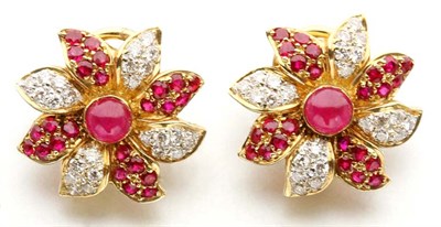 Lot 2209 - Pair of Ruby and Diamond Flower Earrings