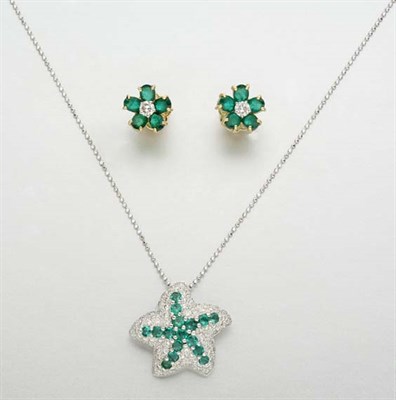 Lot 2465 - Emerald and Diamond Starfish Pendant with Chain and Pair of Flower Earrings