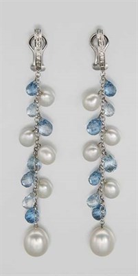Lot 2540 - Pair of Diamond, Blue Topaz and Freshwater Pearl Pendant-Earrings