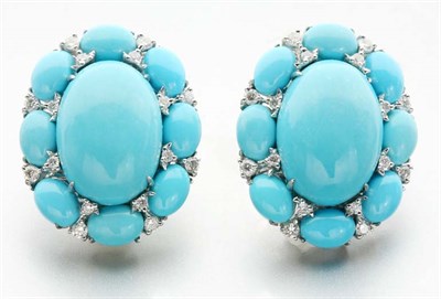 Lot 2619 - Pair of Turquoise and Diamond Earrings