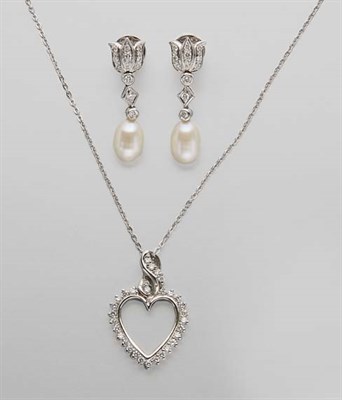 Lot 2469 - Pair of Diamond and Biwa Pearl Pendant-Earrings and Diamond Heart Pendant with Chain