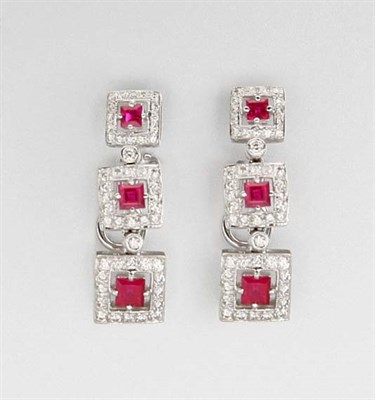 Lot 2659 - Pair of Diamond and Ruby Pendant-Earrings