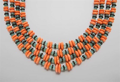 Lot 2308 - Four Strand Coral, Black Onyx and Green Chrysoprase Bead Necklace