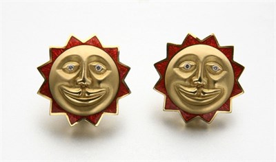 Lot 2355 - Pair of Gold, Enamel and Diamond Sun Earrings