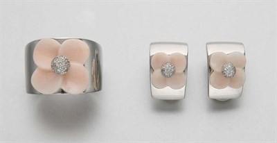 Lot 2173 - White Gold, Carved Coral Flower and Diamond Band Ring and Pair of Earclips