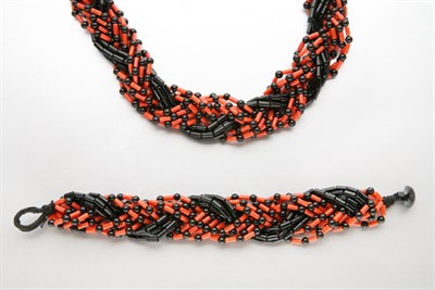 Lot 2890 - Multi-Strand Coral and Black Onyx Bead Necklace and Bracelet