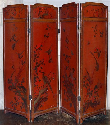 Lot 3475 - Chinoiserie Decorated Red Lacquered Four-Panel...