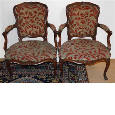 Lot 328 - Pair of Louis XV Style Beechwood Fauteuils en...