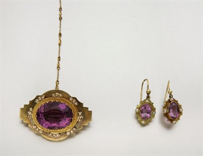 Lot 2570 - Antique Gold, Amethyst and Split Pearl Brooch and Pair Earrings