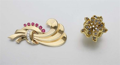 Lot 2710 - Gold, Ruby and Diamond Brooch and Diamond and Sapphire Ring