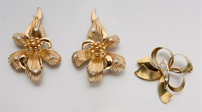 Lot 2396 - Pair of Gold and Diamond Earclips and Bow Brooch