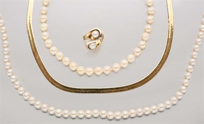Lot 2456 - Two Cultured Pearl Necklaces, Ring and Gold Chain