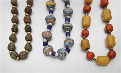 Lot 2891 - Cuff Bangle, Three Bead Necklaces and Bracelet