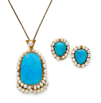 Lot 11 - Pair of Gold, Turquoise and Biwa Pearl Earclips and Pendant