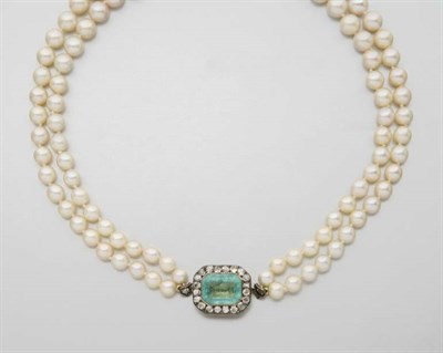 Lot 2367 - Double Strand Cultured Pearl Necklace with Antique Emerald and Diamond Clasp