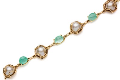 Lot 2170 - Gold, Mabe Pearl and Cabochon Emerald Bracelet