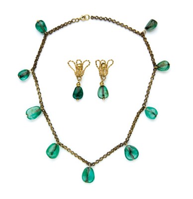 Lot 2185 - Pair of Gold and Tumbled Emerald Bead Earclips and Metal and Tumbled Emerald Bead Fringe Necklace