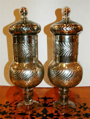 Lot 517 - Pair of Mercury Glass Style Covered Urns...