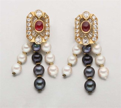 Lot 2452 - Pair of Gold, Carved Rock Crystal, Cabochon Ruby, Diamond and Black and White Cultured Pearl Fringe Earclips