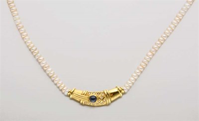 Lot 2529 - Biwa Pearl, Gold, Cabochon Sapphire and Diamond Necklace