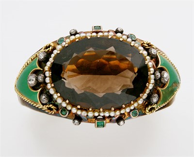 Lot 2395 - Gold, Smokey Quartz, Seed Pearl, Emerald, Diamond and Enamel Cuff Bangle