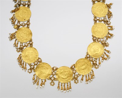 Lot 2373 - Gold Medallion and Pearl Choker Necklace