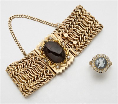 Lot 2353 - Antique Hardstone Cameo and Diamond Ring and Gold and Cabochon Garnet Bracelet